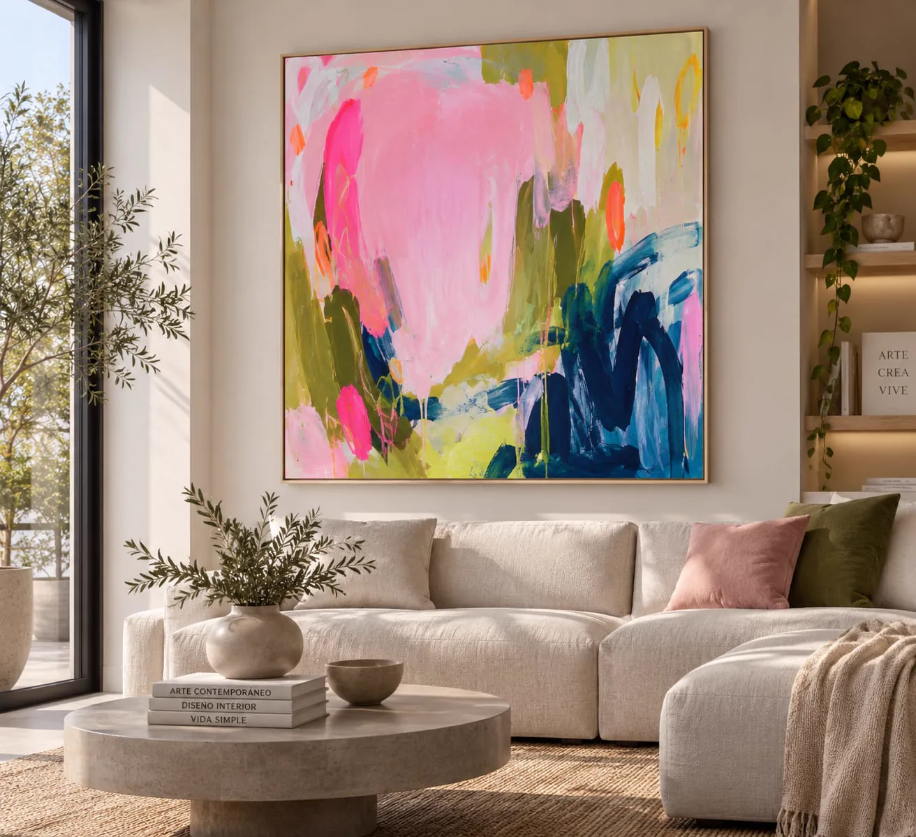 Obra abstracta de gran formato en living con luz natural — Estudio Martini