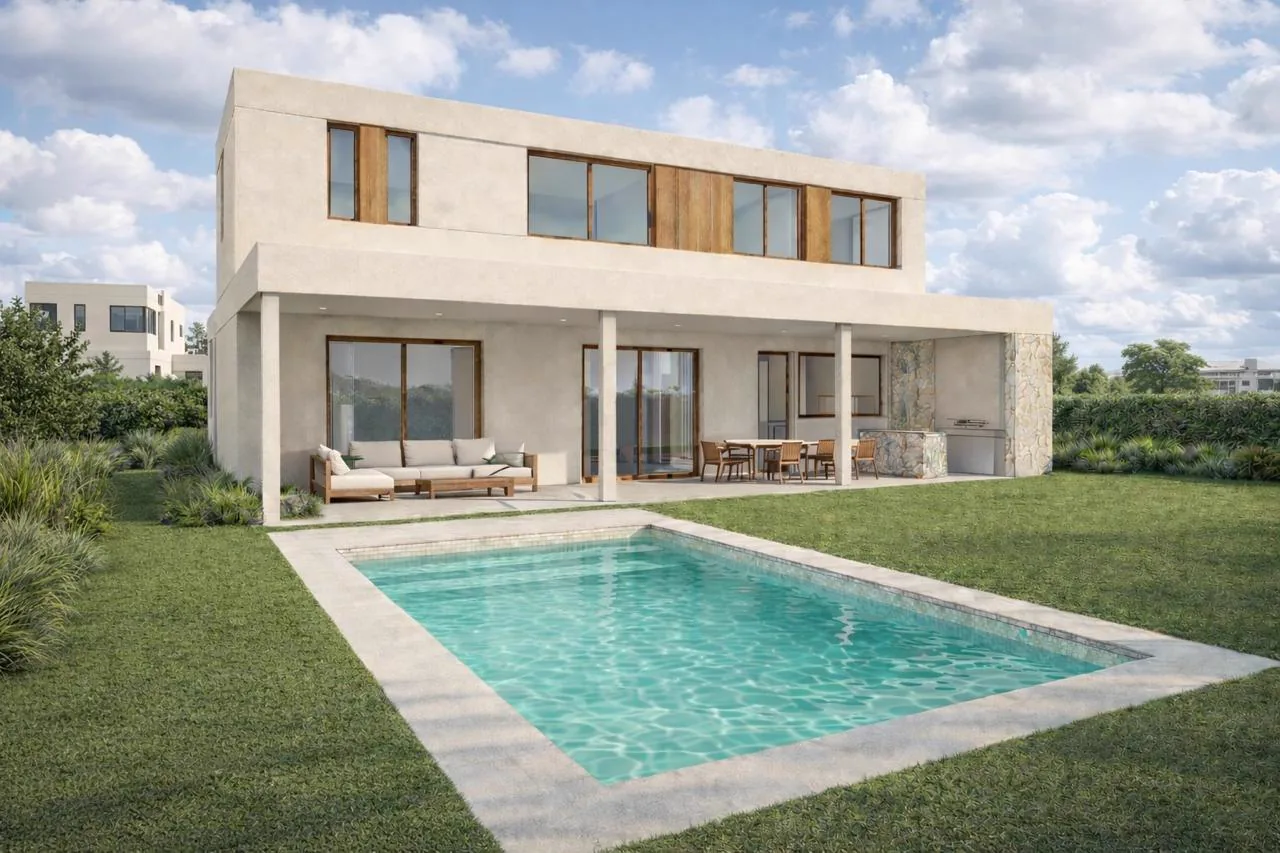 Riberas Escobar — render 3D de contrafrente con galería y pileta