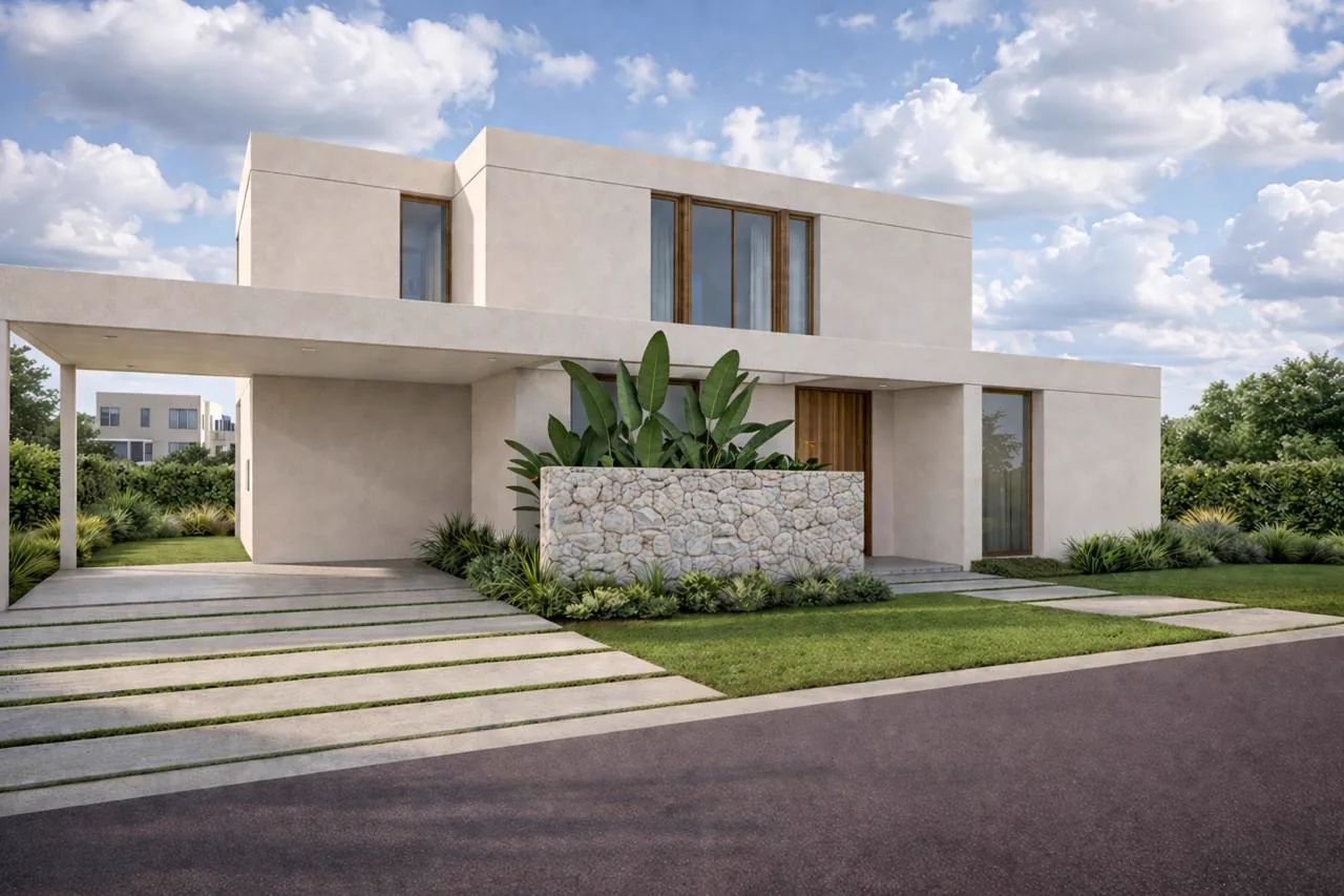 Riberas Escobar — render 3D de fachada con cochera y jardín de acceso
