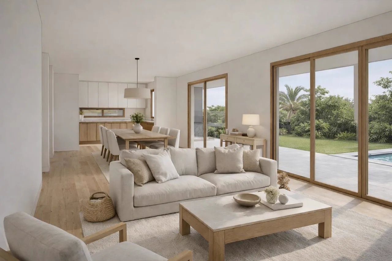 Riberas Escobar — render 3D de living comedor integrado con cocina